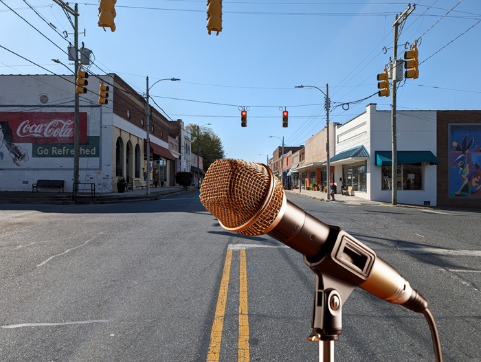 picture of downtown Siler City with a mic in the middle of pic